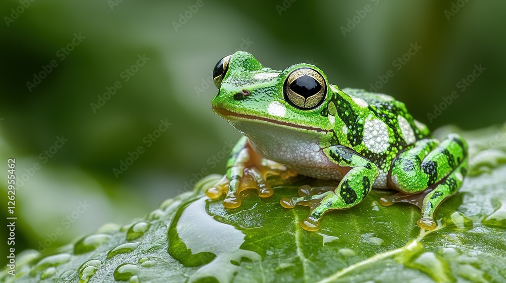 Fototapeta premium Vibrant Green Frog Perched on Dewy Leaf