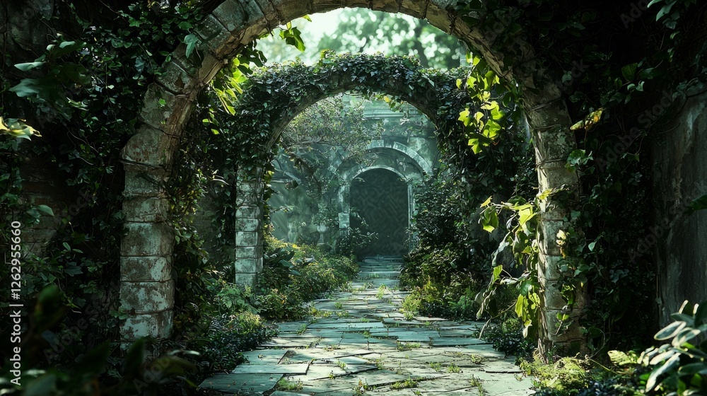 Serene Overgrown Pathway Through Ancient Stone Arches in Nature Serene Overgrown Pathway Through Ancient Stone Arches in Nature