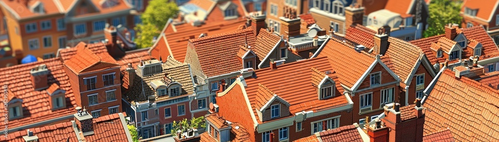 Aerial view of red tile roofs, city buildings, sunny day. Real estate Aerial view of red tile roofs, city buildings, sunny day. Real estate