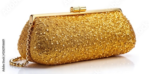 Golden glitter evening bag, high focus, white background, luxury. photo