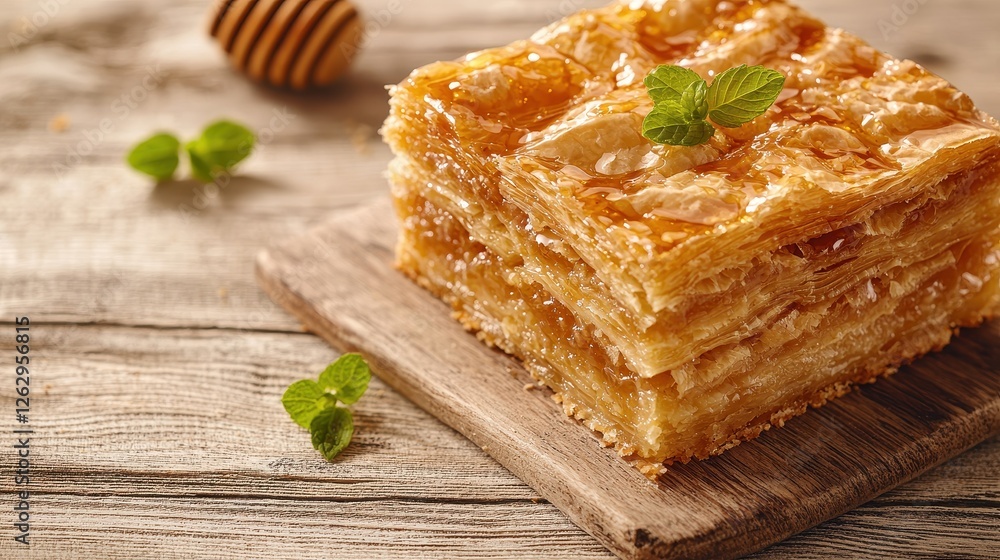 Delicious Honey Glazed Puff Pastry Dessert on Rustic Wooden Board