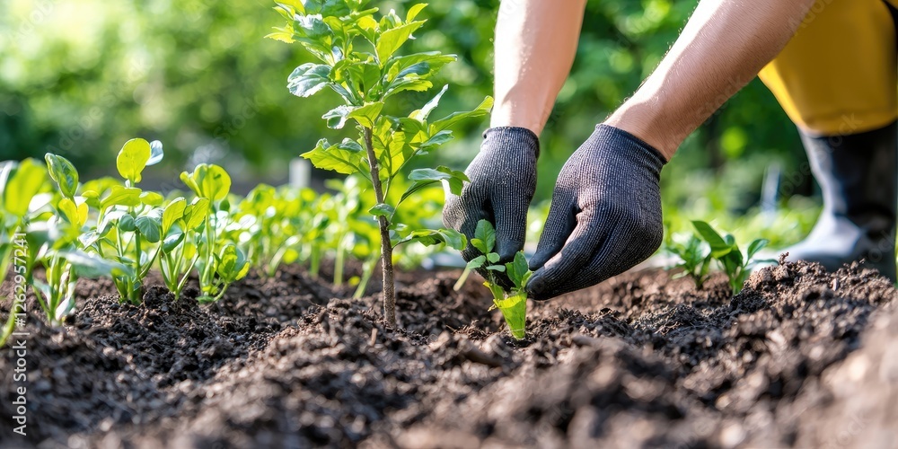 Fototapeta premium Sustainability efforts showcased with hands planting a tree surrounded by eco-friendly materials, soft-focus urban background