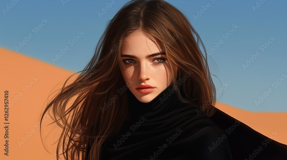 Fototapeta premium Girl gazing into the distance while standing on sand dunes at sunset
