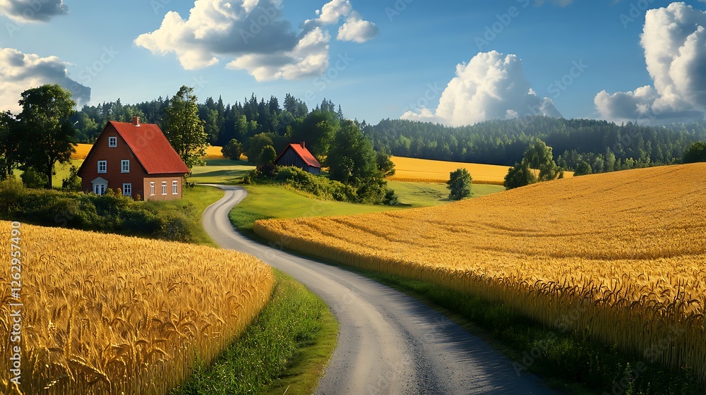 Golden Wheat Fields and Winding Country Road at Sunset AI Generated Golden Wheat Fields and Winding Country Road at Sunset AI Generated