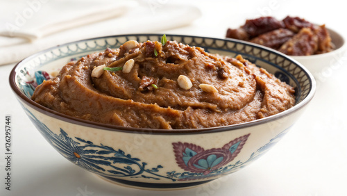 Delicious Samanu dish with nuts in a decorative bowl on a light background photo