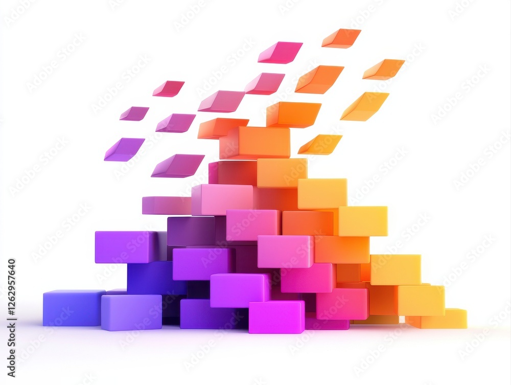 © Nopadon - A colorful stack of blocks in gradient hues of purple, pink, and orange, arranged in a dynamic, playful structure against a white background.