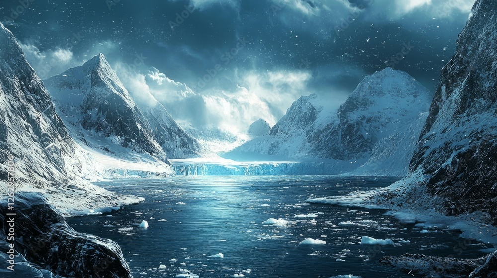 Naklejka premium Serene Glacial Landscape Under Dramatic Cloudy Sky