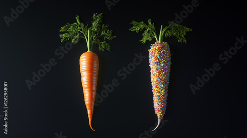 Carrot vs microplastic-contaminated carrot isolated on a dark background. Microplastic exposure, human health concept photo