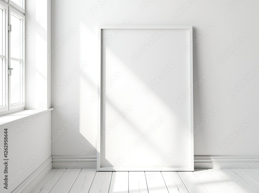 Empty Picture Frame Mockup - White Wall, Wood Floor, Window Shadow Empty Picture Frame Mockup - White Wall, Wood Floor, Window Shadow