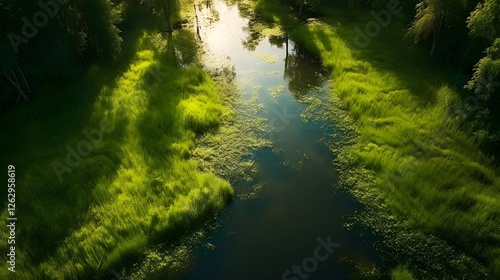 Aerial View of a Serene Stream Flowing Through Lush Green Grass Under Gentle Sunlight
