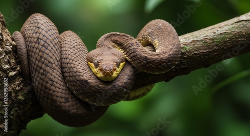 Coiled Arboreal Pit Viper Resting on Branch in Lush Green Forest photo