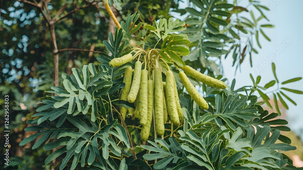 Fototapeta premium Moringa drumstick tree with fresh leaves in the sun.