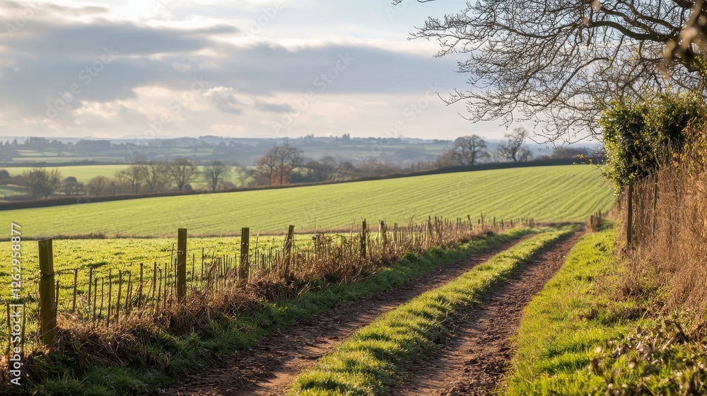 Fototapeta premium Serene Countryside Path Rolling Hills and Golden Fields