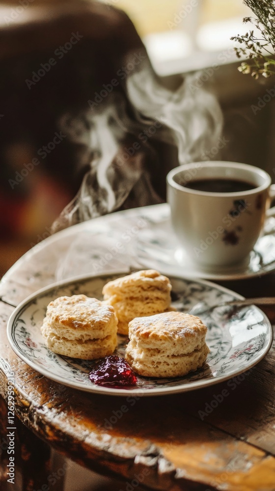 Freshly Baked Scones With Jam and Coffee in Warm Atmosphere Freshly Baked Scones With Jam and Coffee in Warm Atmosphere