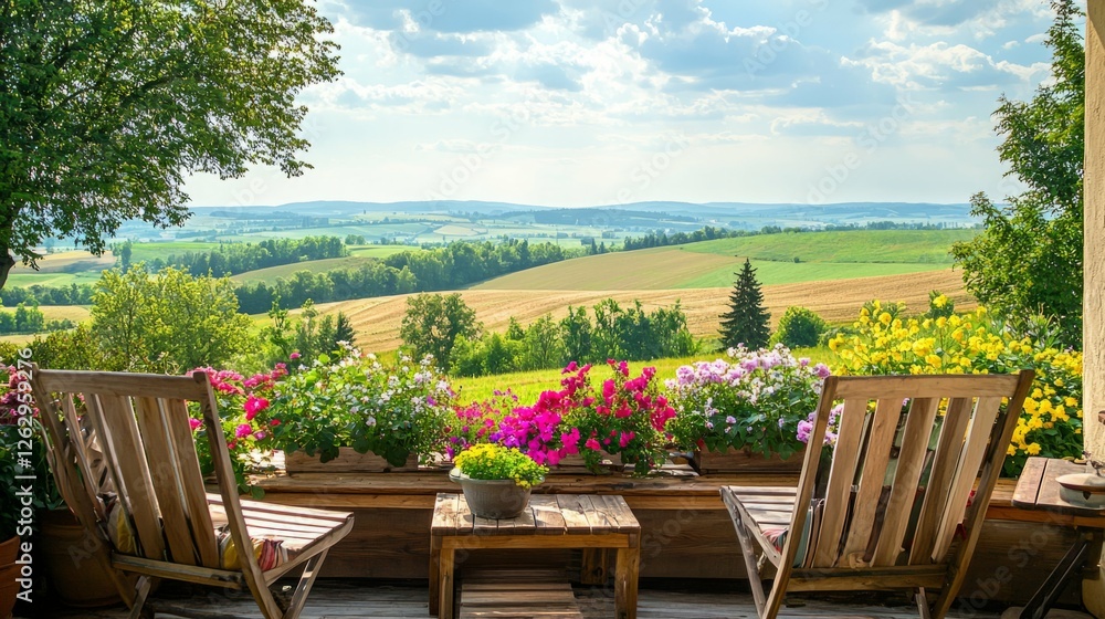 Obraz premium Beautiful Scenic View from a Cozy Deck Surrounded by Colorful Flowers