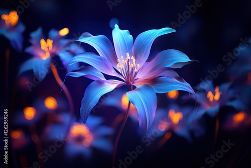 Glowing blue lily flower in dark with bokeh lights. Magical garden at night. Nature wallpaper for Easter, Spring equinox, Earth day, May day, Mother's day backgrounds photo