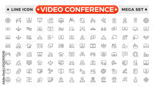 Video Conference set outline icon. Live webinar icons for web and mobile app. Containing conference, business meeting, classroom, team, interview, conference, work, discussion, Video call.
