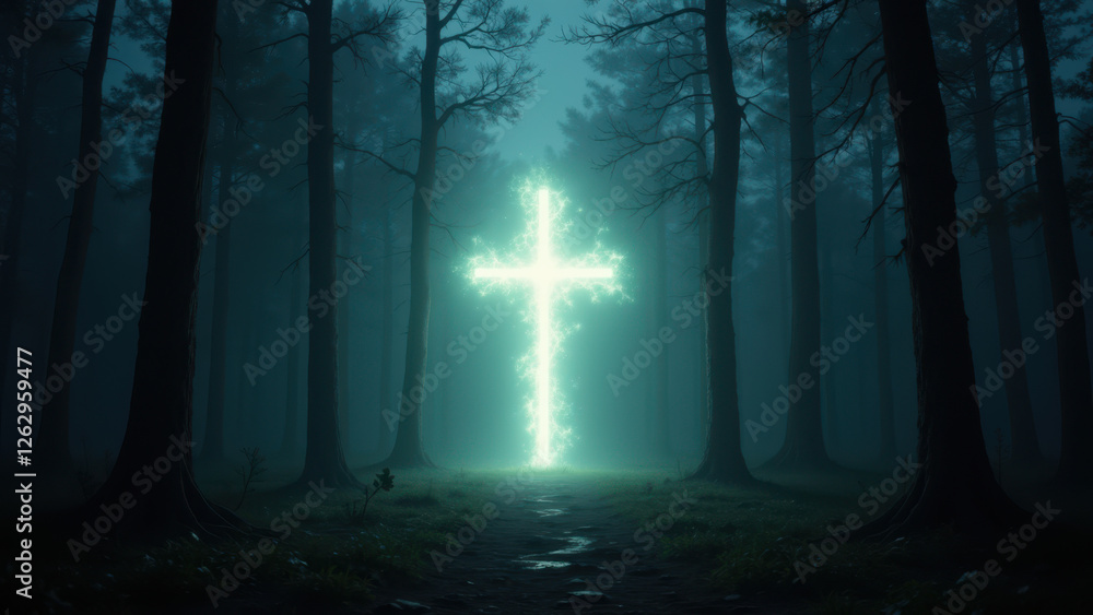 Fototapeta premium A tranquil forest path illuminated by a radiant crucifix at its end.