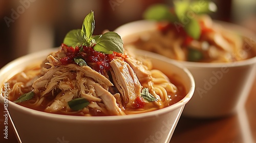 Indonesian bakmi tapau with noodle soup, boiled chicken, and fresh herbs, served in a traditional takeout container