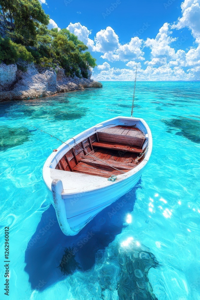 Small White Boat Floating on Crystal Clear Tropical Water Small White Boat Floating on Crystal Clear Tropical Water