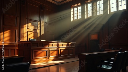 Wallpaper Mural An empty courtroom is illuminated by warm sunlight streaming through large windows, highlighting the wooden architecture and orderly arrangement.     Torontodigital.ca