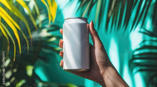 Trendy Hand Holding Blank Canned Beverage in Tropical Setting