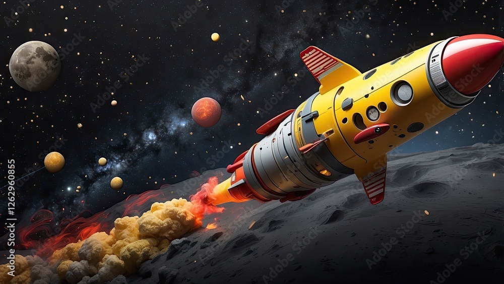 Fototapeta premium Rocket Toy Soaring in a Vibrant Space Galaxy Background