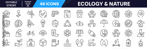 Ecology and nature icon set. Editable stroke. Linear style.