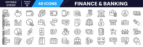Finance icon set with Editable Stroke. Banking line icon.