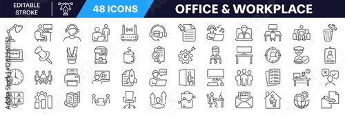 Office icon set with Editable Stroke. Workplace line icon.