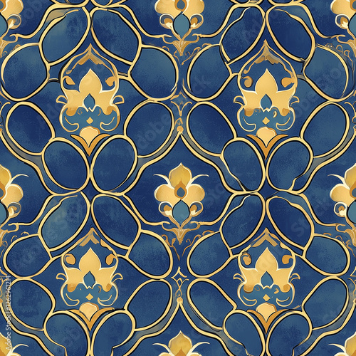 Elegant floral pattern in blue and gold, perfect for textile or wallpaper designs.
