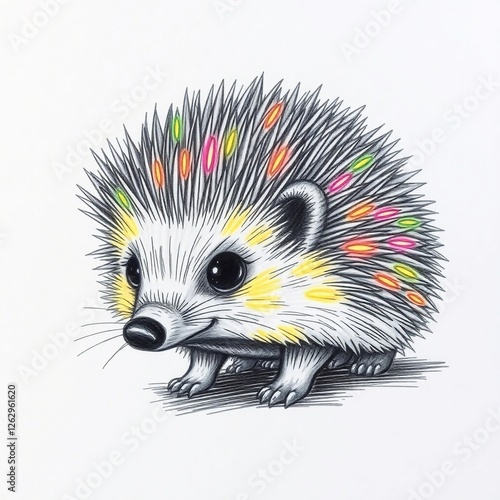 Hand drawn sketch of a cute funny hedgehog with glowing bioluminescent colors; rough lines, textured pencil strokes, white background, small object details, natural light effects, brightness photo