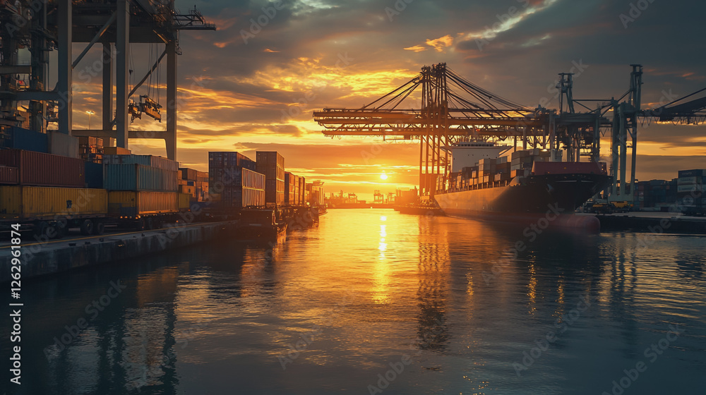 Container truck in ship port for business Logistics and transportation of Container Cargo ship and Cargo plane with working crane bridge in shipyard at sunrise, logistic import export and transport Container truck in ship port for business Logistics and transportation of Container Cargo ship and Cargo plane with working crane bridge in shipyard at sunrise, logistic import export and transport