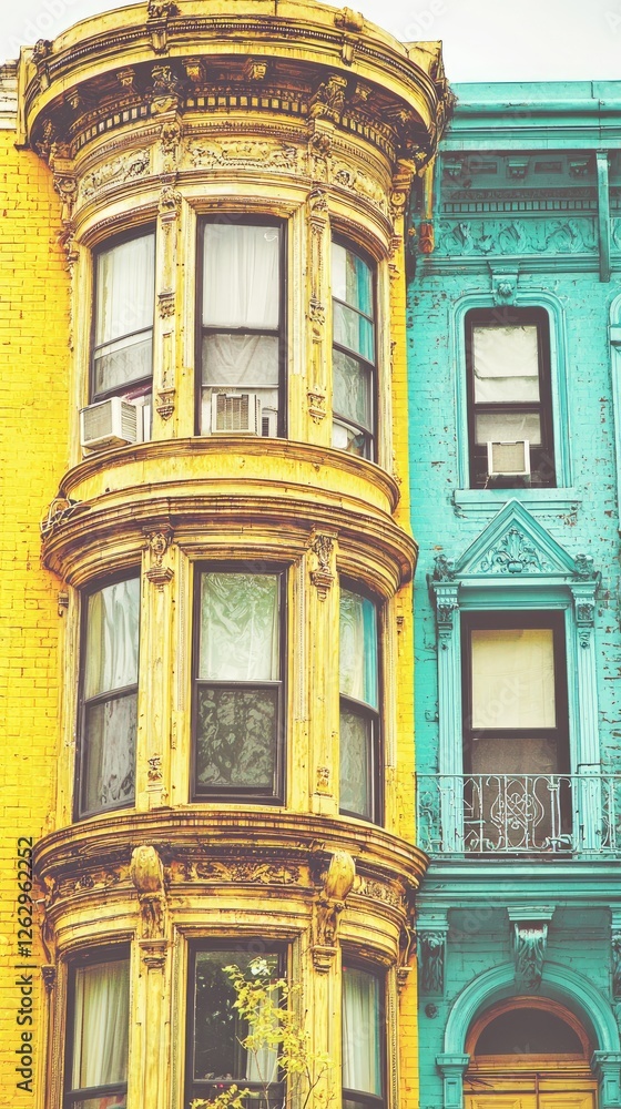 Fototapeta premium Colorful urban townhouses, bay windows, city street. Real estate, architecture, travel