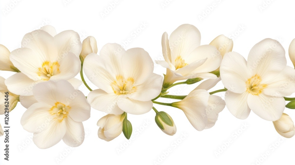Obraz premium Sprig Bouquet of white flowers Macro shot of freesia frangipani plumeria blossoms photo of cream wedding sympathy flowers