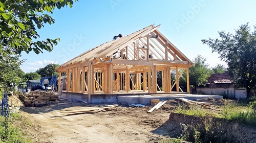 Building A Wooden House Frame On A Construction Site Under A Blue Sky. Home Building Industry. photo