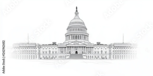A detailed, black and white line drawing capturing the majestic symmetry of the U.S. Capitol building. Its intricate architecture features numerous levels adorned with meticulously drawn windows and e