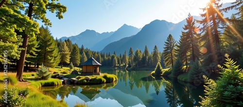 Alpine lake panorama with wooden cabin at golden sunrise in Switzerland photo