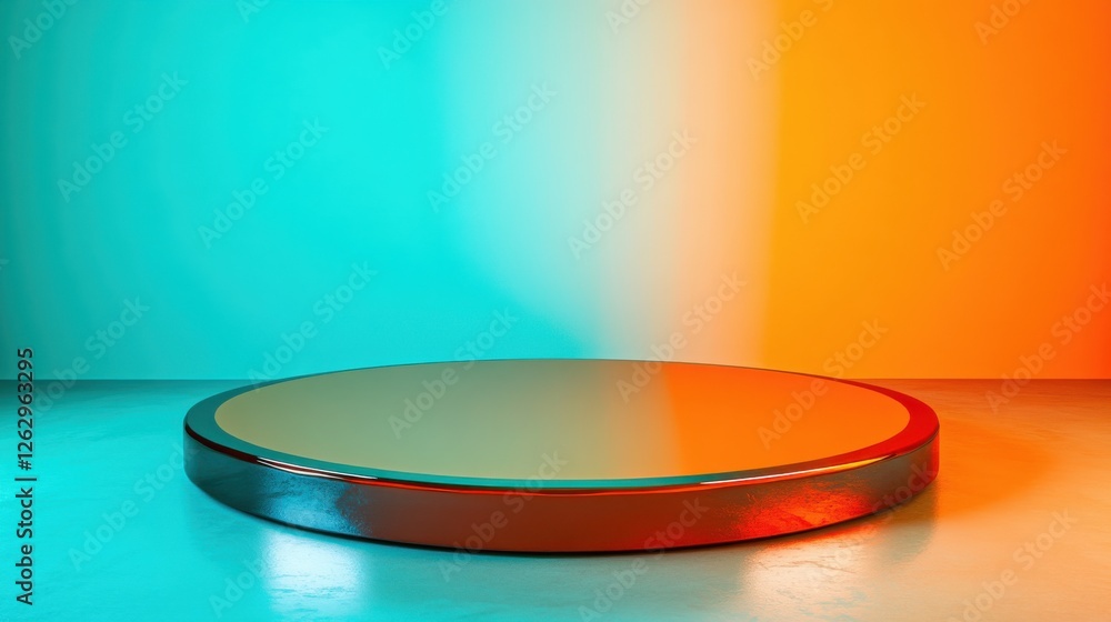 Abstract gradient background with circular podium in teal and orange lighting Abstract gradient background with circular podium in teal and orange lighting