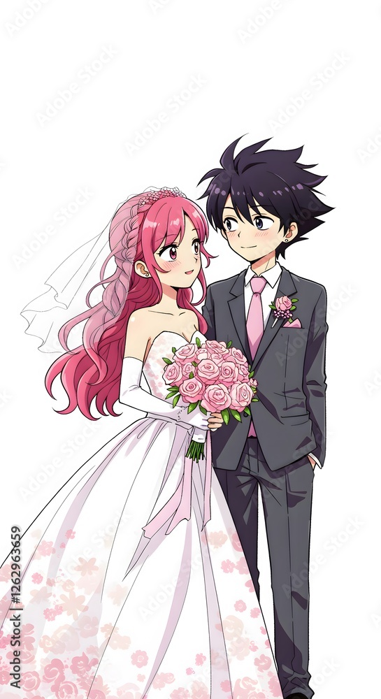 Romantic Anime Wedding Couple with Pink-Themed Attire Romantic Anime Wedding Couple with Pink-Themed Attire