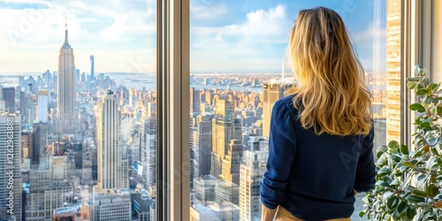 Businesswoman in a leadership role. Woman gazing at a city skyline from a high-rise window. photo