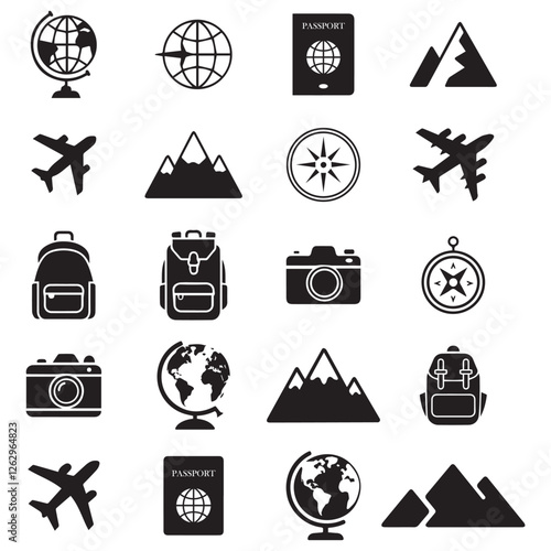 Minimal silhouette icons representing travel and adventure, including a globe, airplane, passport, compass, mountain, backpack, and camera. Simple black vector designs, perfect for digital and print 