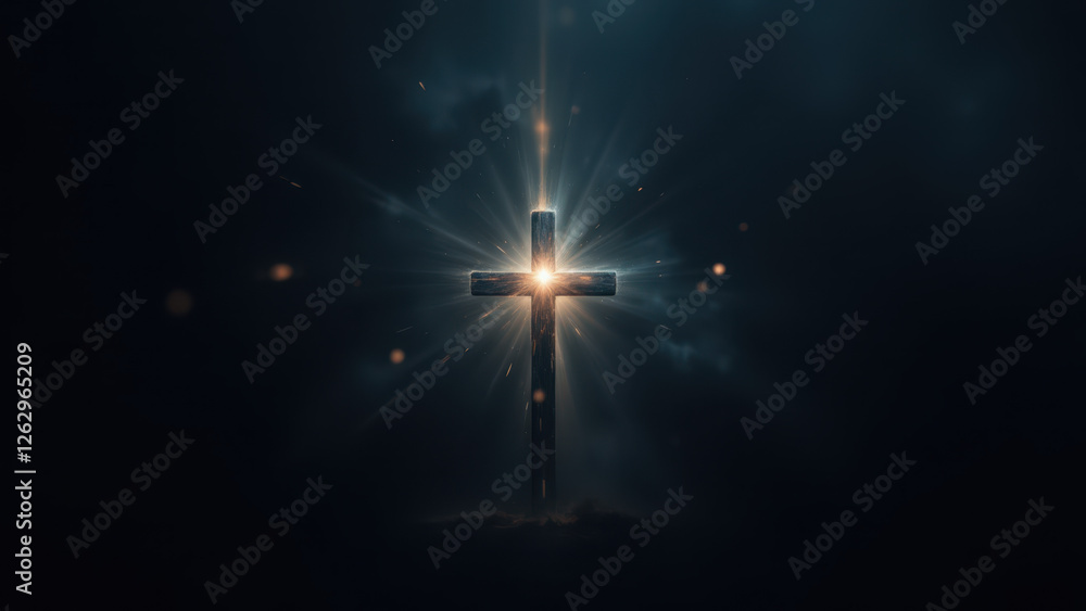 Naklejka premium Radiant cross in dark sky with starburst effect.