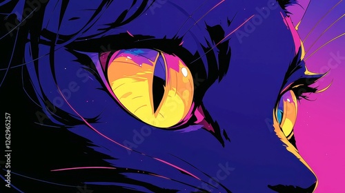 City Pop Black Cat Sunset, an anime illustration featuring a sleek black cat with sunset gradient reflections in its eyes, bold outlines, simple colors, and a vibrant neon palette. photo