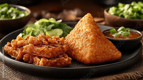 A plate of Indonesian kue rangi, crispy coconut-flavored waffles, served with a sweet palm sugar sauce on the side