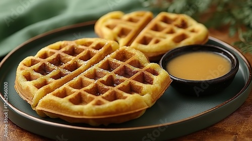 A plate of Indonesian kue rangi, crispy coconut-flavored waffles, served with a sweet palm sugar sauce on the side