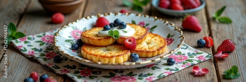 Delicious syrniki with fresh berries and cream on floral plate on wooden table photo