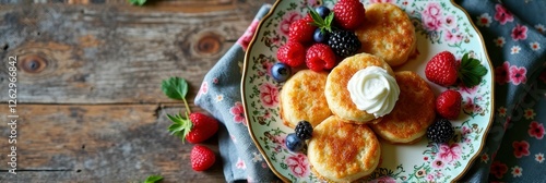 Delicious syrniki with berries and cream on floral plate photo