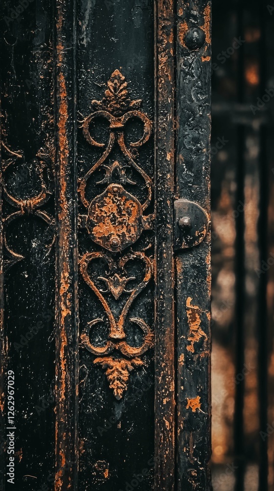 Aged Decorative Iron Gate with Rusty Details and Intricate Design Aged Decorative Iron Gate with Rusty Details and Intricate Design