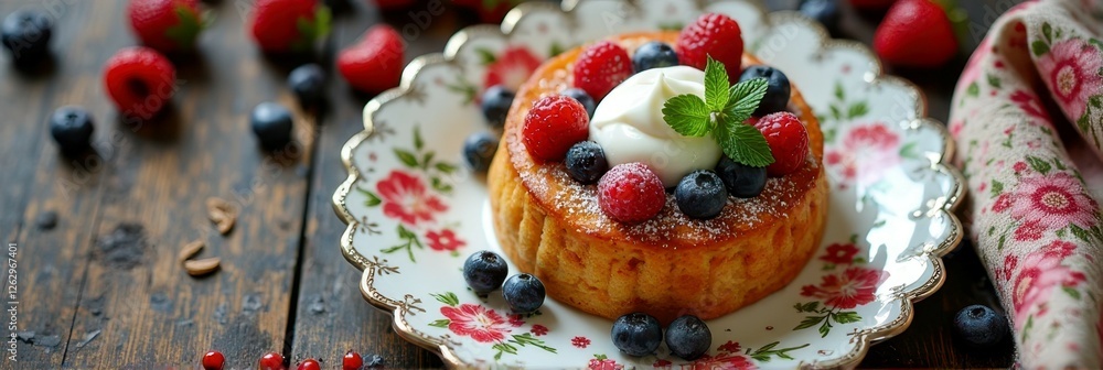 Fruit tart with berries and cream on floral plate Fruit tart with berries and cream on floral plate